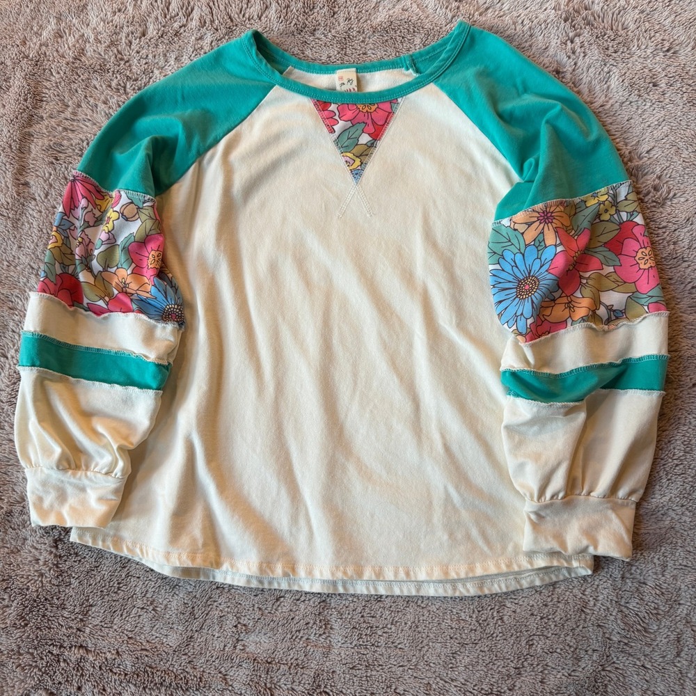 7th Ray Cream Teal Floral Colorblock Balloon Sleeve Top - Size XL